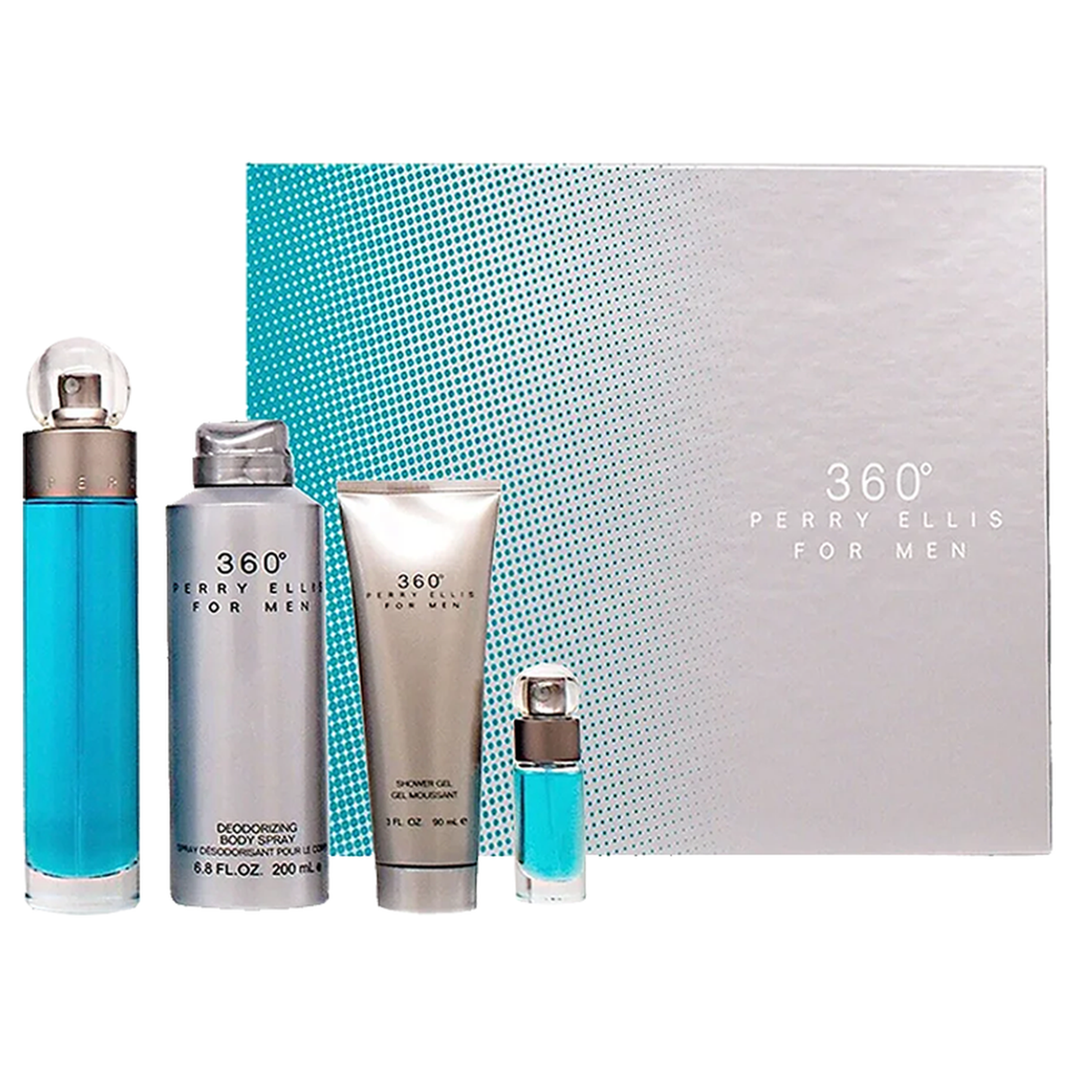 Perry Ellis 360 4 piece fragrance gift set with EDT spray, deodorant, shower gel, and mini bottle