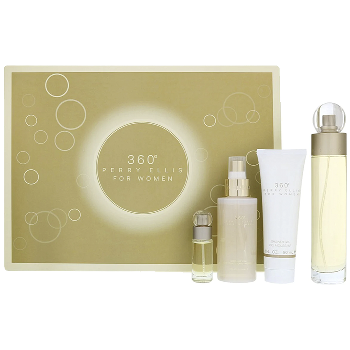Perry Ellis 360 for Women 4 piece fragrance gift set with Eau de Parfum, body mist, body lotion, and mini bottle