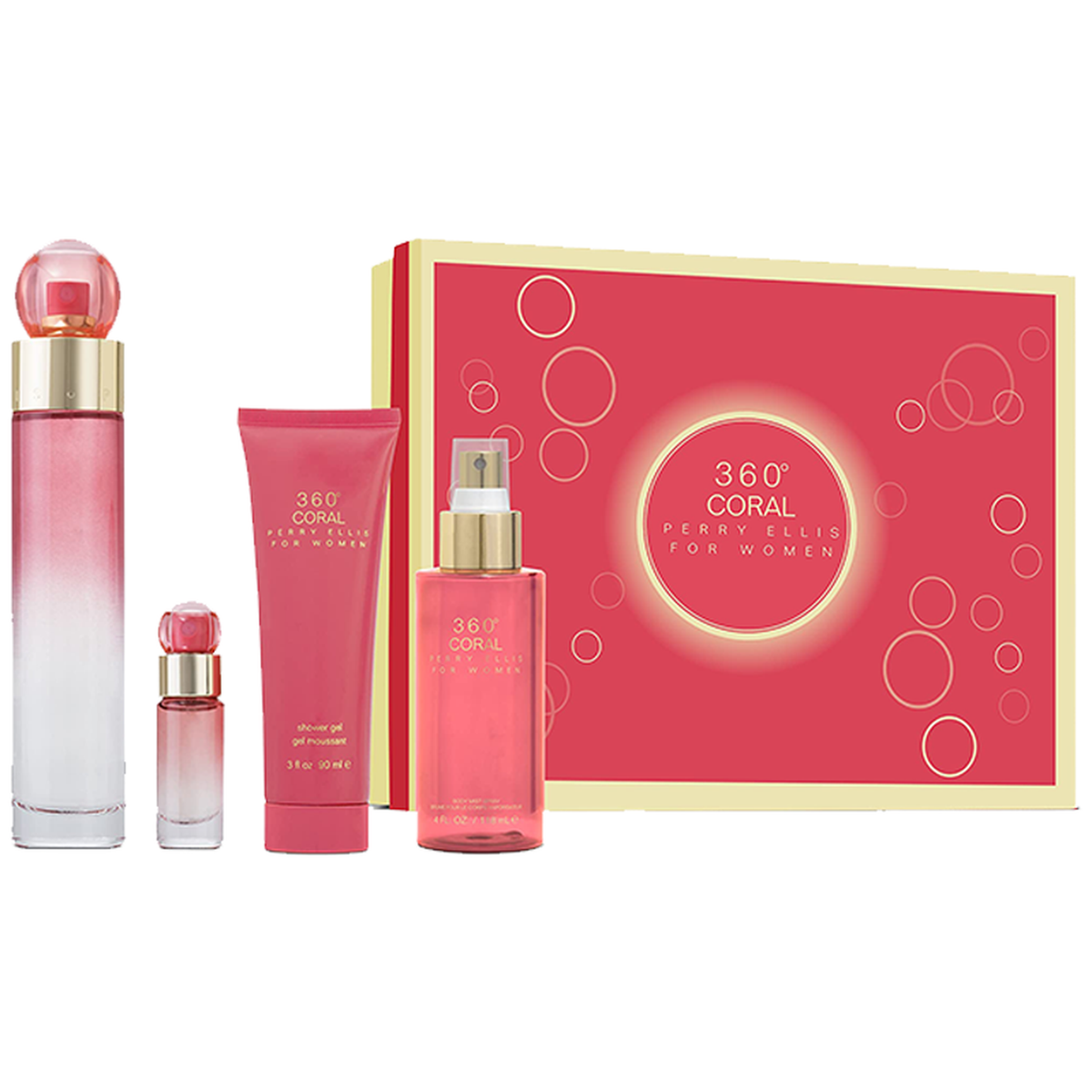 Perry Ellis 360 Coral 4 piece fragrance gift set with 3.4 oz Eau de Parfum, body mist, shower gel, and mini bottle