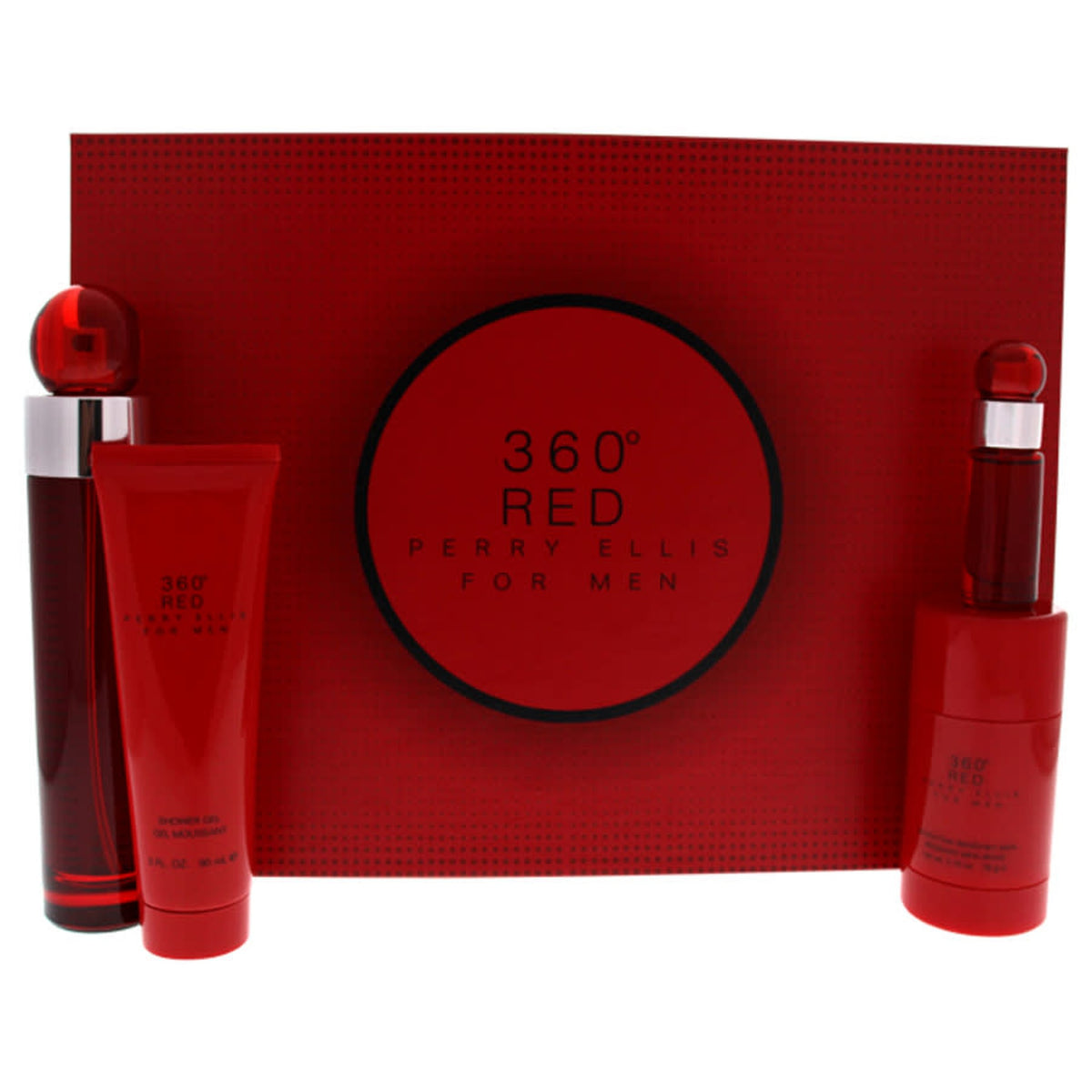 Perry Ellis 360 Red 4 piece men's fragrance gift set with Eau de Toilette, deodorant spray, shower gel, and mini bottle