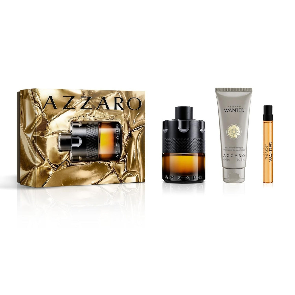 Azzaro The Most Wanted Parfum 3-piece men’s fragrance gift set with full-size spray, travel spray, and shower gel