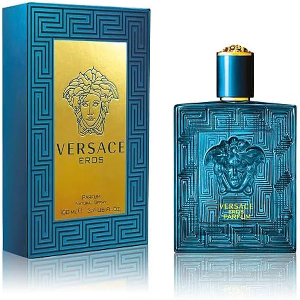 Versace Eros 3.4 oz Parfum Spray bottle in blue and gold packaging
