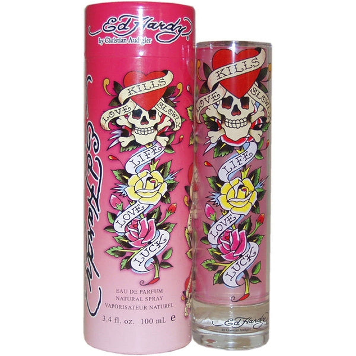 Ed Hardy 3.4 oz Eau de Parfum Spray bottle with colorful tattoo-inspired design