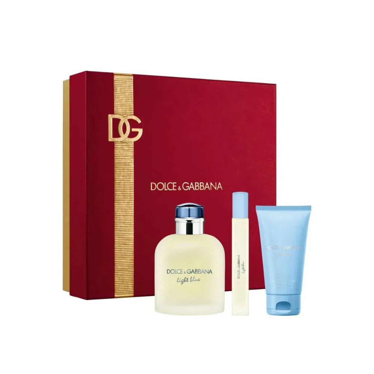 D&G Light Blue Pour Homme 3 piece gift set with 4.2 oz Eau de Toilette, 1.7 oz shower gel, and 10 ml travel spray