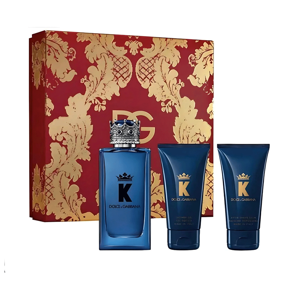 D&G K Eau de Parfum 3-piece gift set with 3.4 oz spray, shower gel, and after shave balm