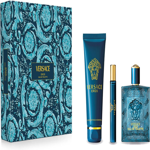 Versace Eros 4-piece Eau de Parfum gift set with 3.4 oz EDP, shower gel, body lotion, and mini bottle