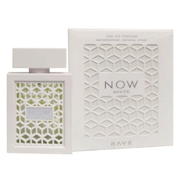 Lattafa Rave Now White 3.4 oz Eau de Parfum Spray bottle and box