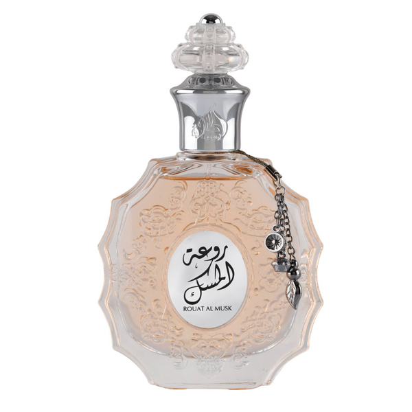Lattafa Rouat Al Musk 3.4 oz Eau de Parfum spray bottle and packaging