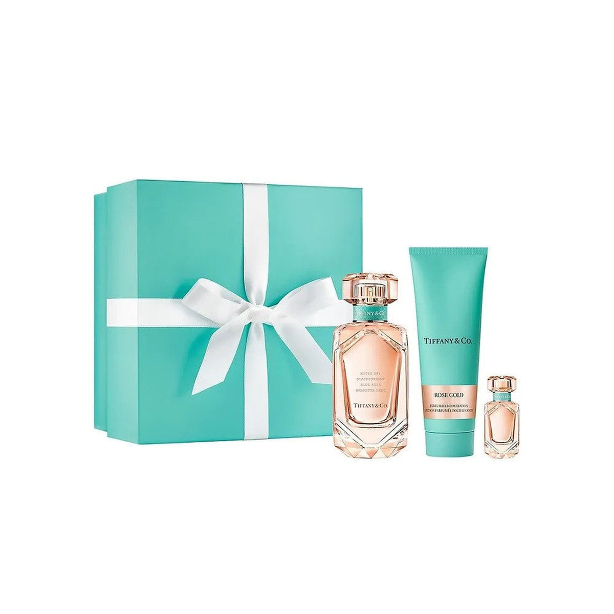Tiffany & Co. Rose Gold 3-piece fragrance gift set with 2.5 oz Eau de Parfum, body lotion, and 5 ml mini
