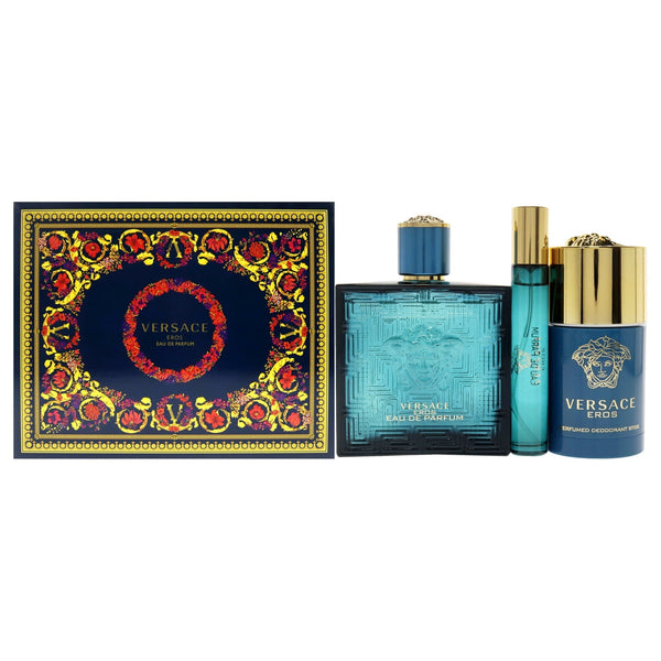 Versace Eros 3-piece men’s fragrance gift set with 3.4 oz Eau de Parfum, 5.0 oz shower gel, and 5 ml travel spray