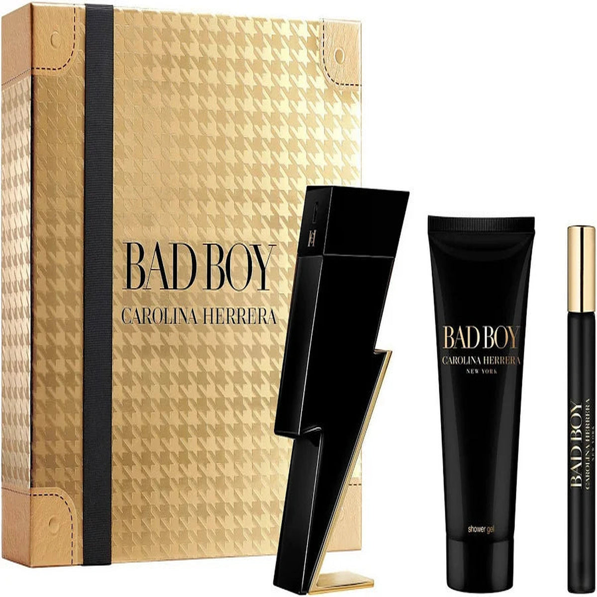 Carolina Herrera Bad Boy 3 piece gift set with 3.4 oz Eau de Toilette, shower gel, and travel spray