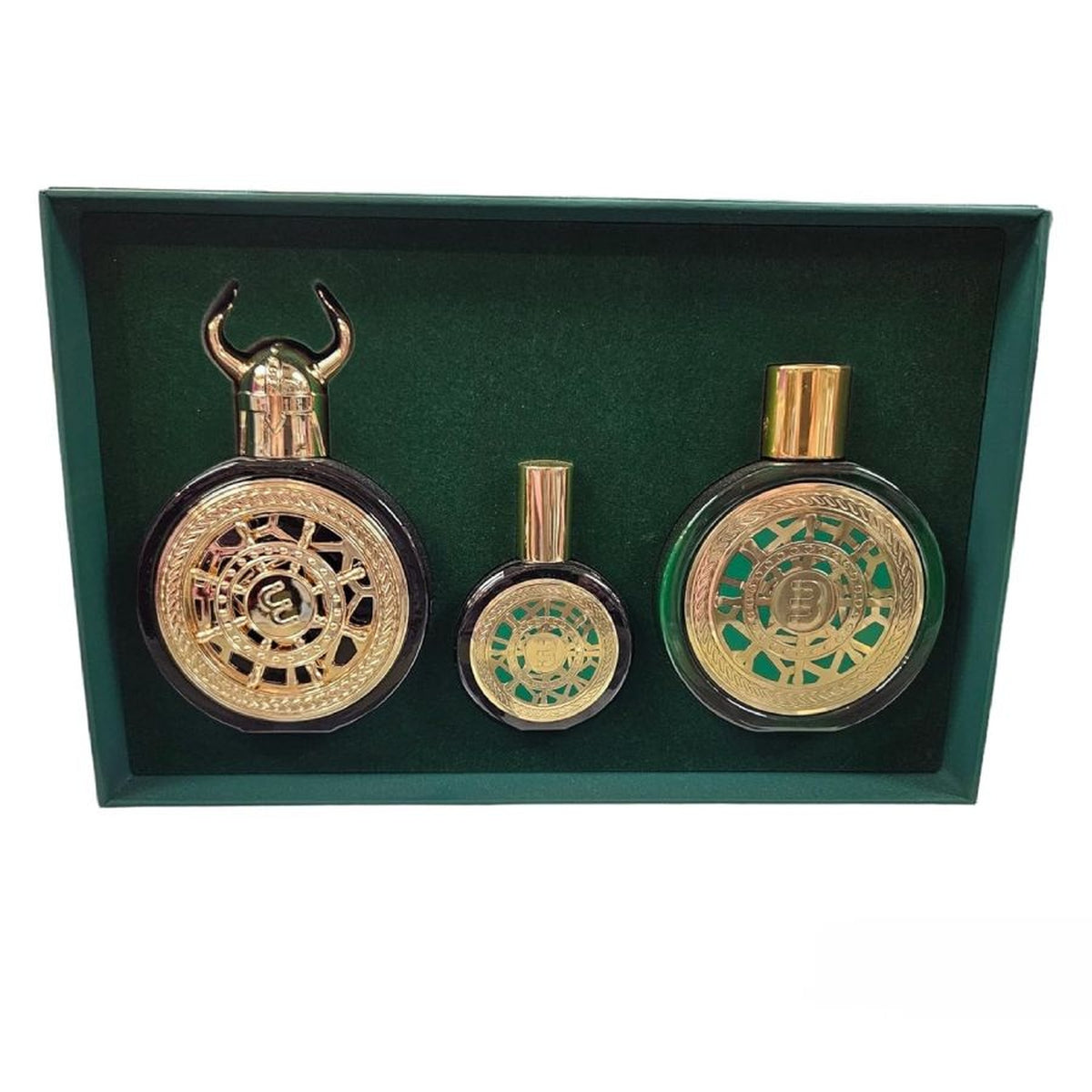 Bharara King Viking Dubai 3 piece fragrance gift set with Eau de Parfum, travel spray, and body lotion