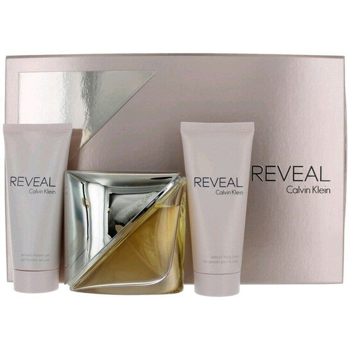 CK Reveal 3 piece fragrance gift set with 3.4 oz perfume, shower gel, and body lotion