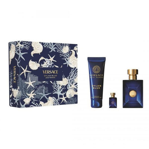 Versace Dylan Blue 3PC gift set with 3.3 oz Eau de Toilette, 5 ml mini fragrance, and 5 oz shower gel