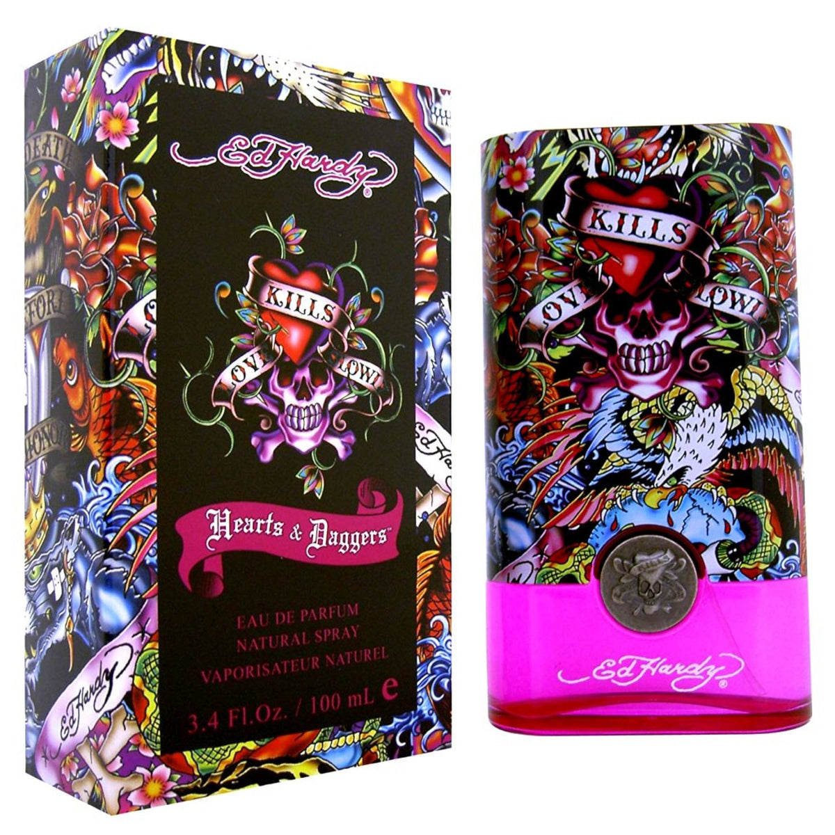 Ed Hardy Hearts & Daggers 3.4 oz Eau de Parfum Spray bottle and packaging
