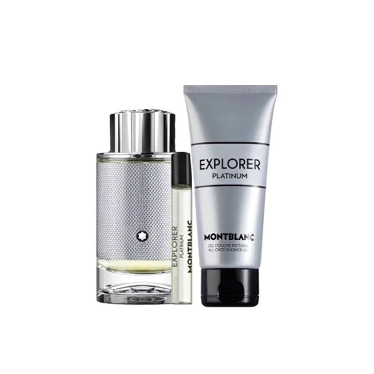 Montblanc Explorer Platinum 3 piece fragrance gift set with Eau de Parfum spray, travel spray, and shower gel
