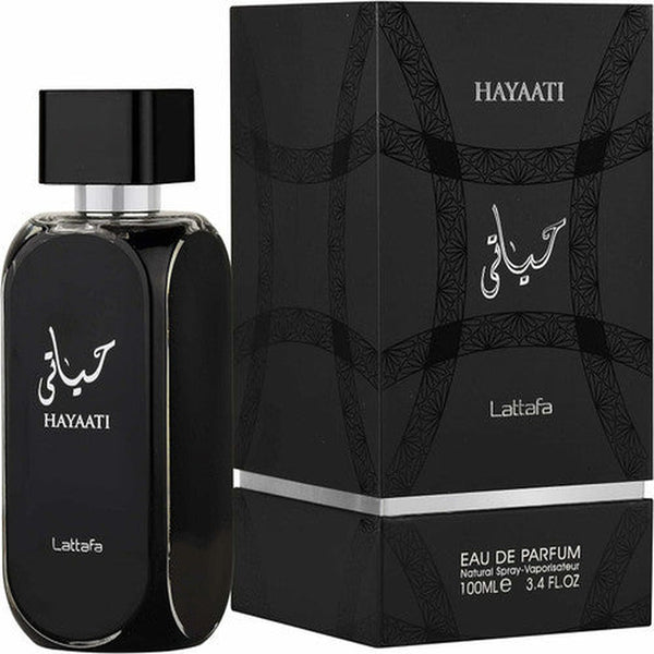 Lattafa Hayaati 3.4 oz Eau de Parfum spray bottle and packaging