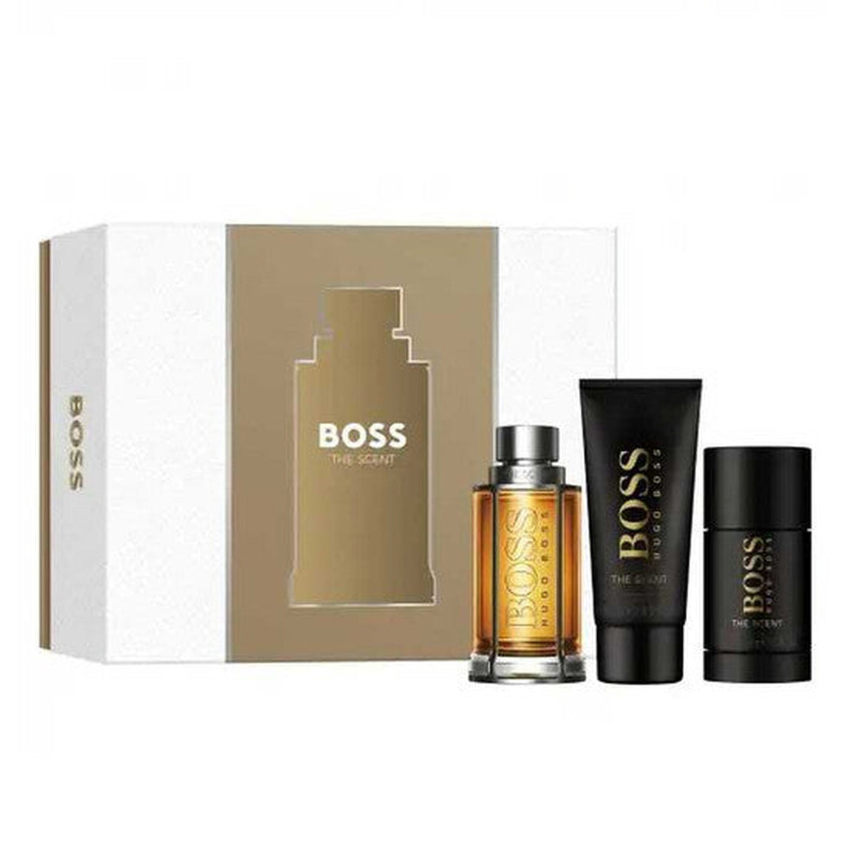 HUGO BOSS The Scent 3 piece men's fragrance gift set with 3.4 oz Eau de Toilette, deodorant stick, and shower gel