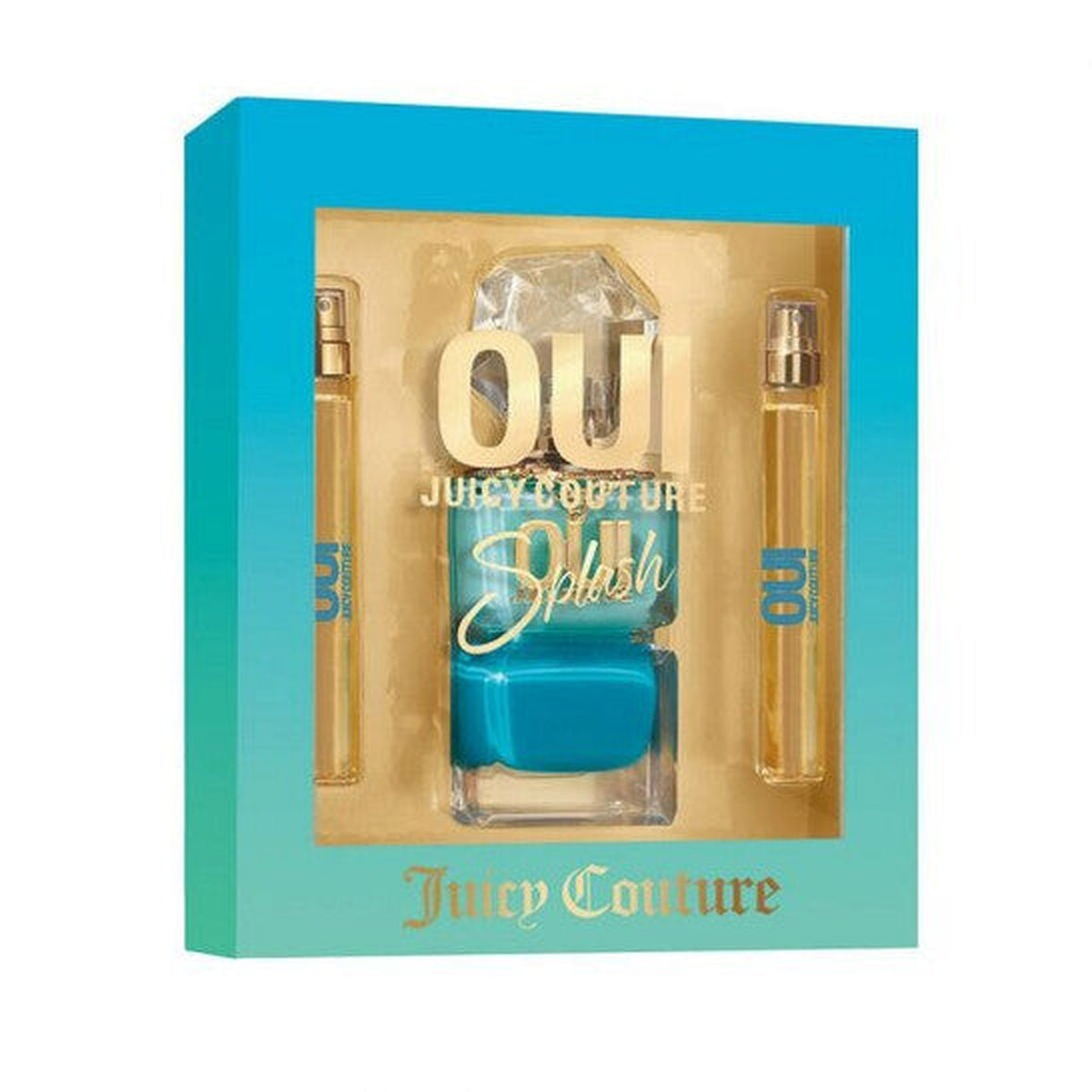 Juicy Couture OUI Splash 3 piece fragrance set with 3.4 oz Eau de Parfum and two 0.33 oz travel sprays