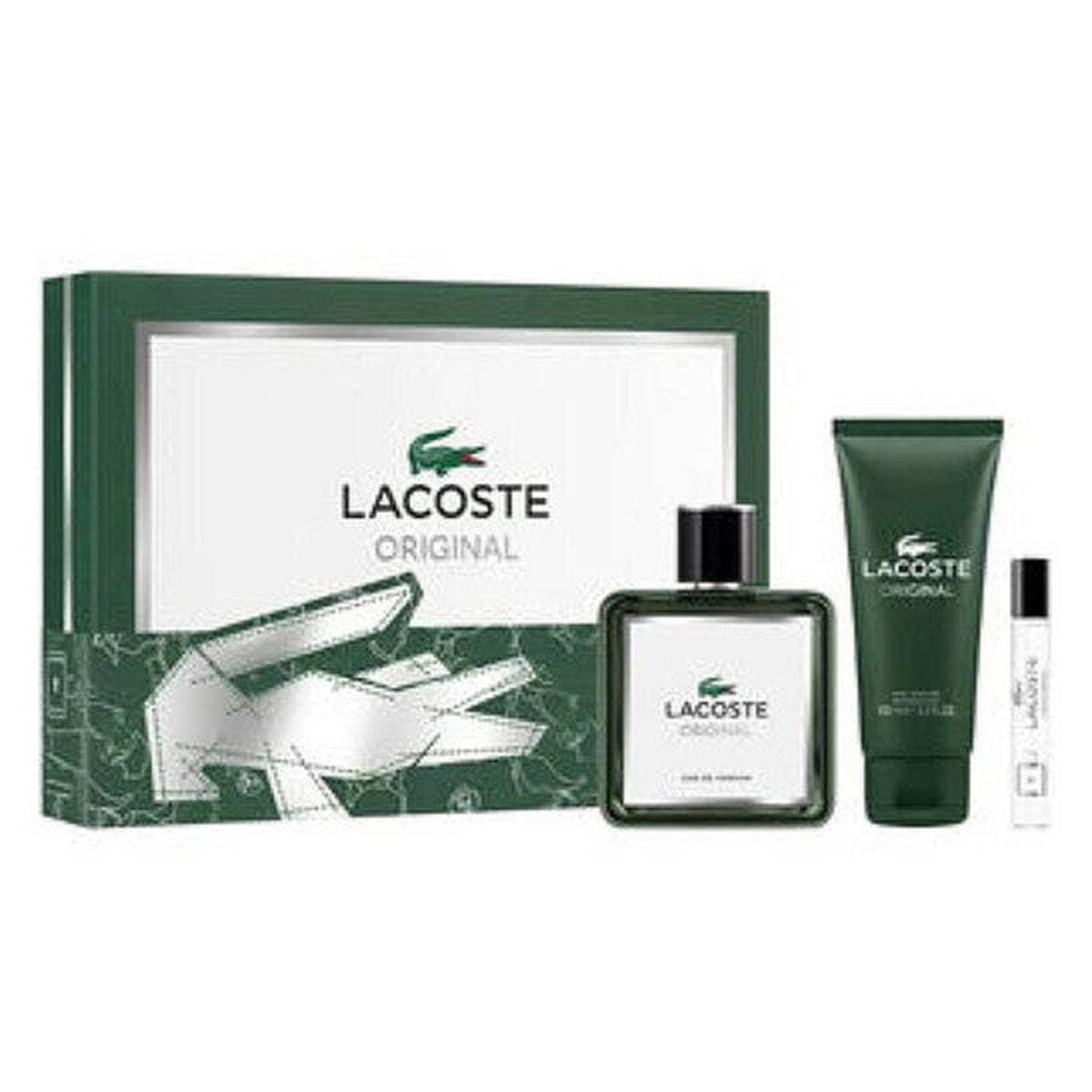 Lacoste Original 3 piece Eau de Parfum gift set with 3.3 oz spray, shower gel, and travel spray