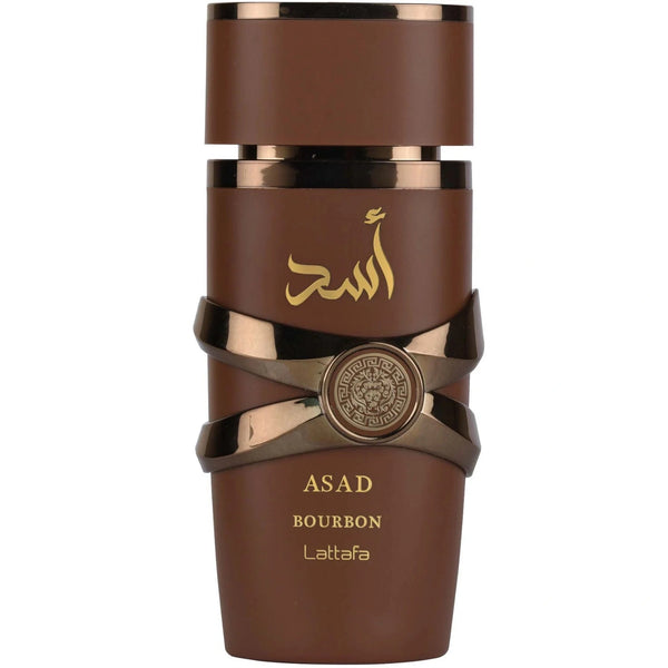 LATTAFA ASAD BOURBON 3.4OZ EDP Spray bottle and packaging