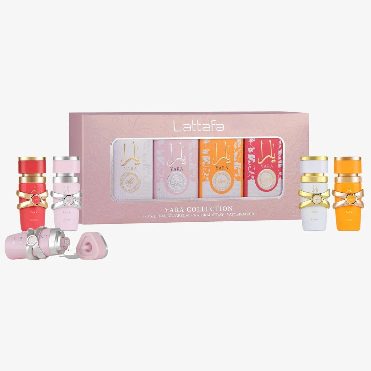 Lattafa Yara 4PC Mini Sampler Set featuring Yara, Yara Candy, Yara Moi and Yara Tous 5ml fragrances