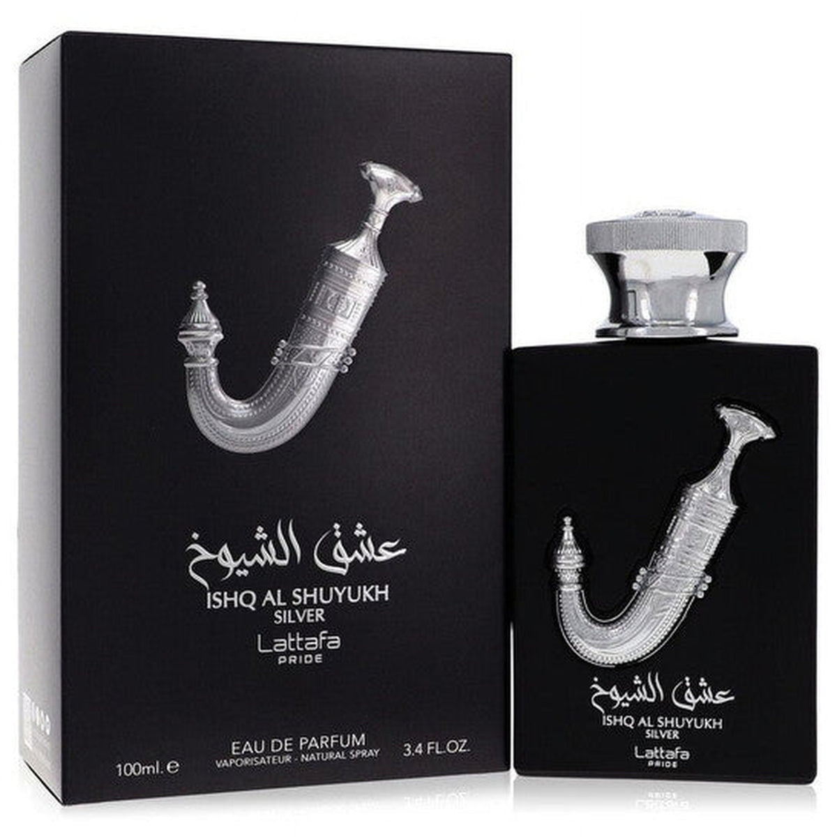 Lattafa Pride Ishq Al Shuyukh Silver 3.4 oz Eau de Parfum spray bottle