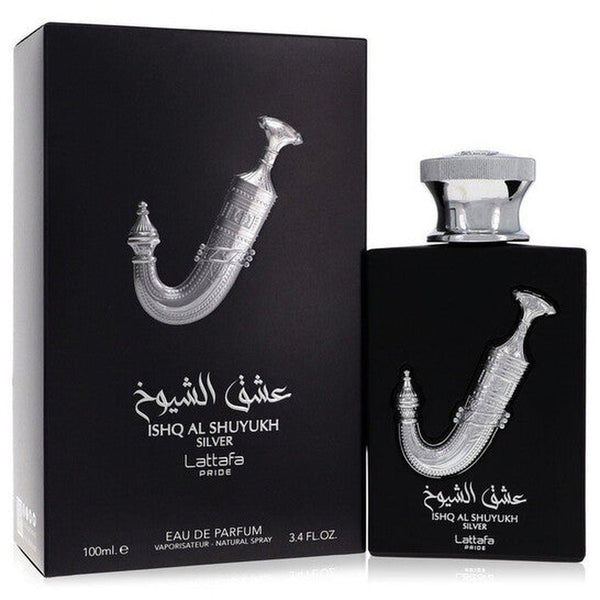 Lattafa Pride Ishq Al Shuyukh Silver 3.4 oz Eau de Parfum spray bottle