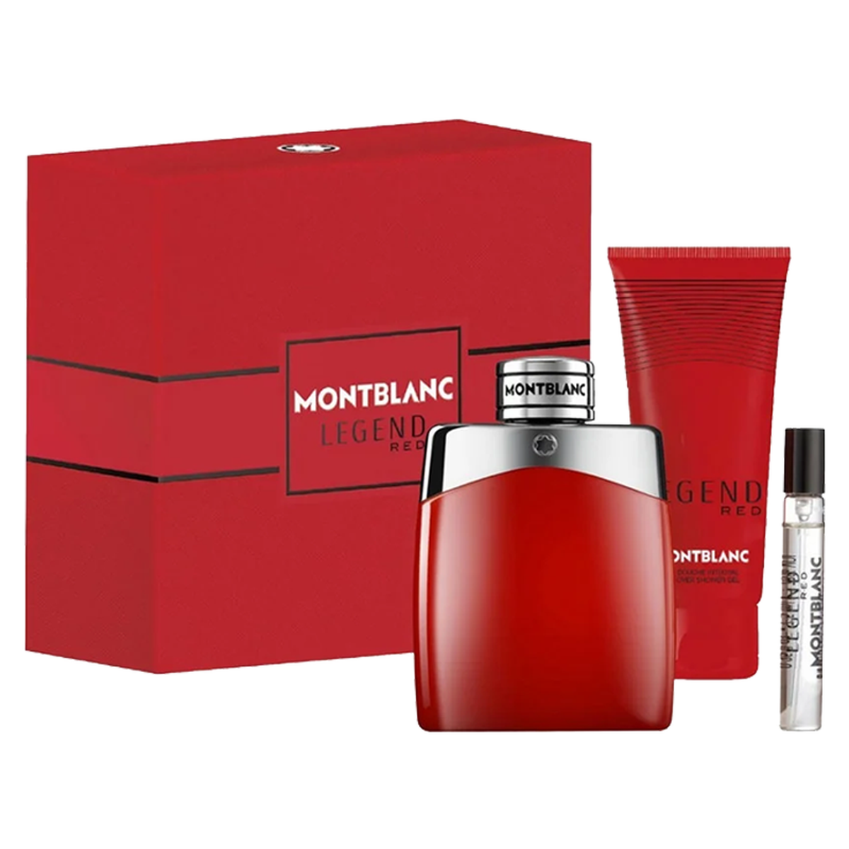 Montblanc Legend Red 3 piece Duty Free Box gift set with Eau de Parfum travel spray and shower gel