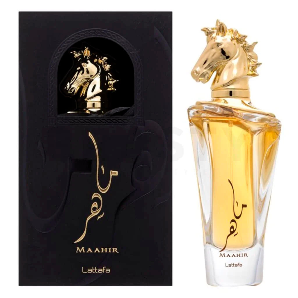 Lattafa Maahir 3.4 oz Eau de Parfum spray bottle and box