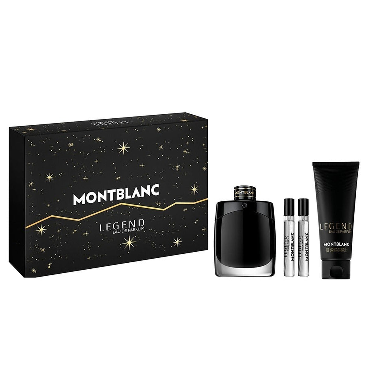 Montblanc Legend 4 piece Eau de Parfum gift set with 3.4 oz EDP bottle, two 7.5 ml mini fragrances, and shower gel