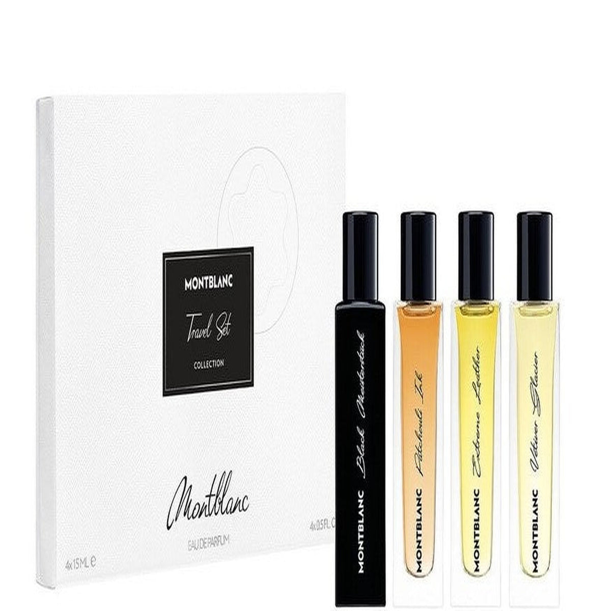 Montblanc Minis 15ml x 4 fragrance gift set featuring Black Meisterstück, Extreme Leather and Vetiver Glacier