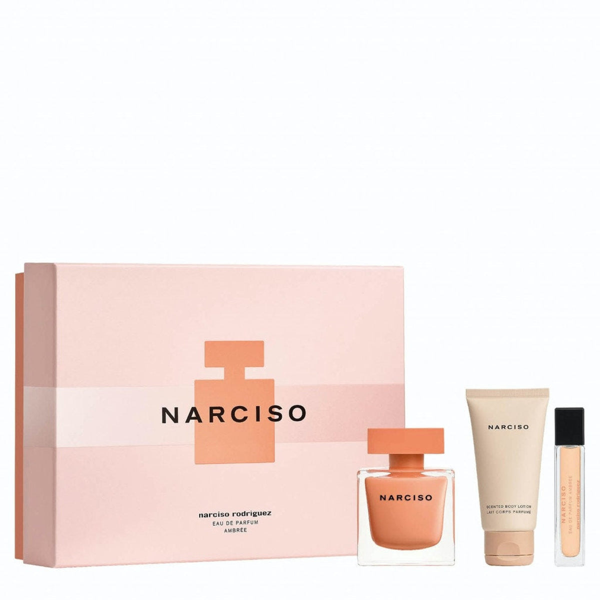 Narciso Rodriguez Neroli Ambree 3-piece fragrance set with Eau de Parfum, body lotion, and 10 ml travel spray