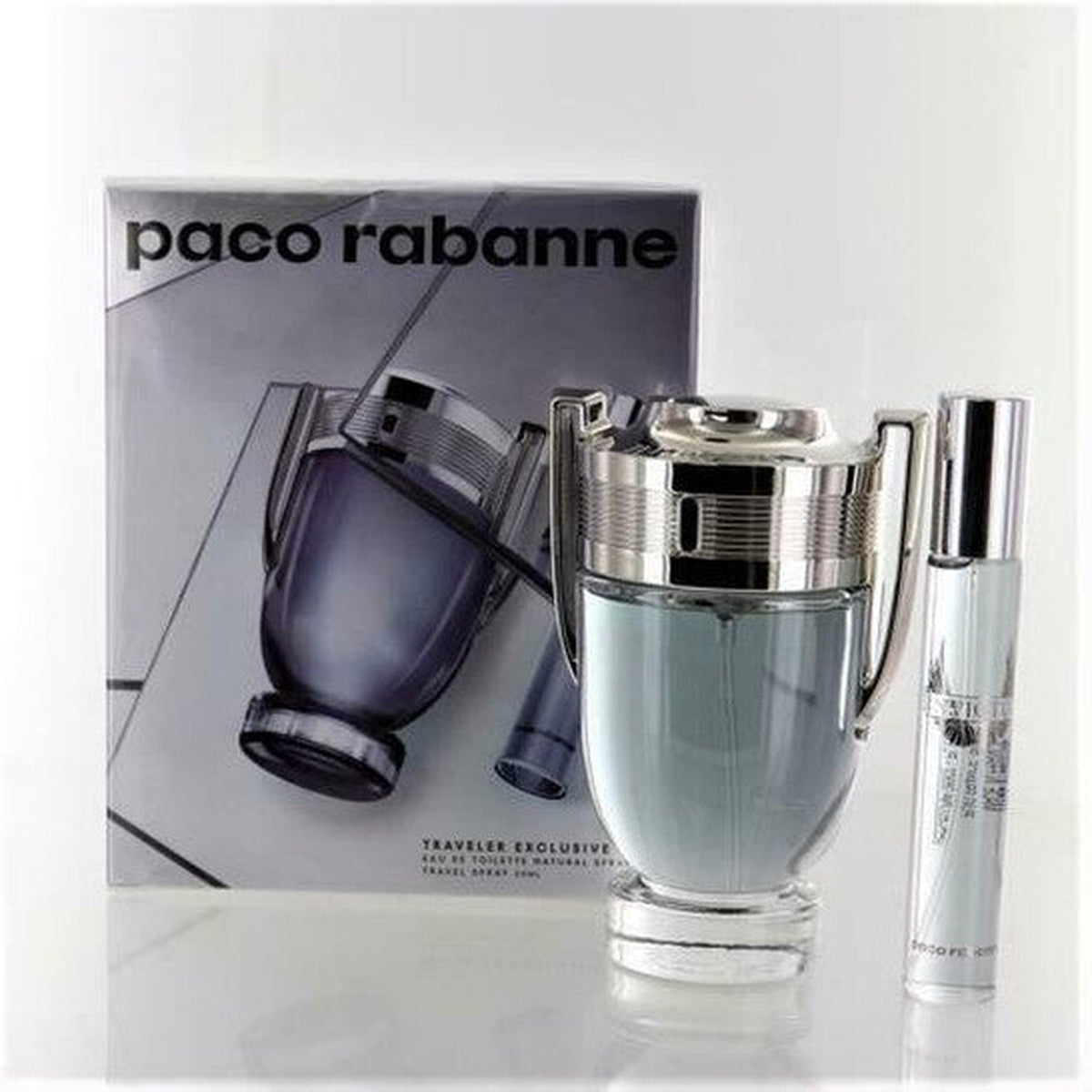 Paco Rabanne Invictus 2 piece travel box set with 3.4 oz Eau de Toilette and 0.68 oz mini bottle