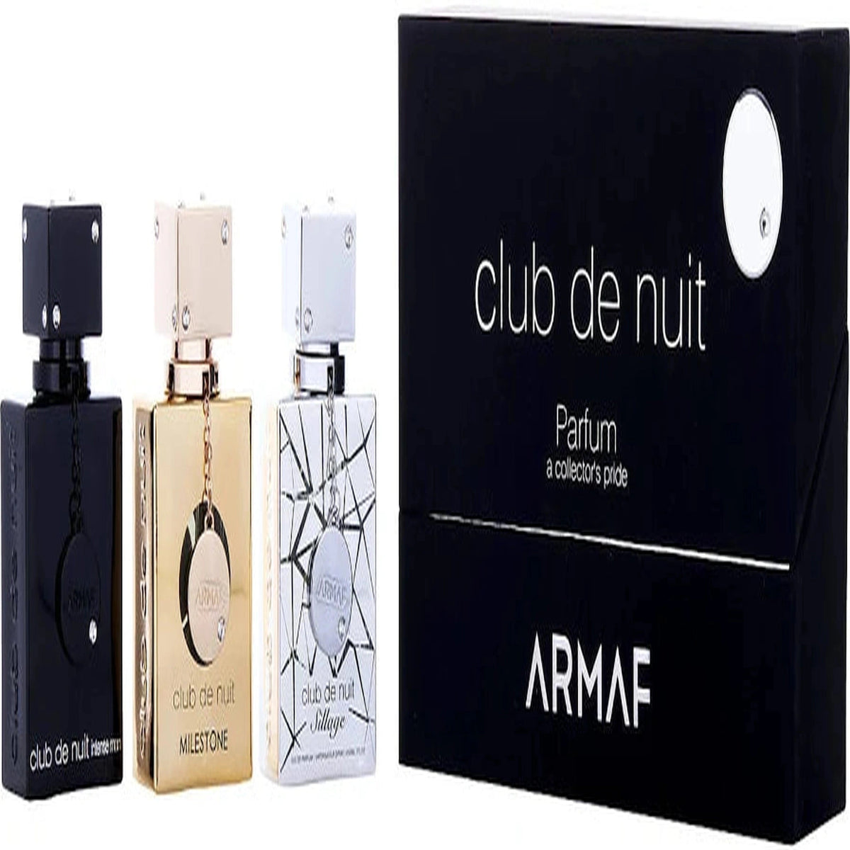 ARMAF Club Nuit Sampler 3PC set with 1.0 oz Club Nuit, Club Nuit Sillage, and Club Nuit Milestone bottles