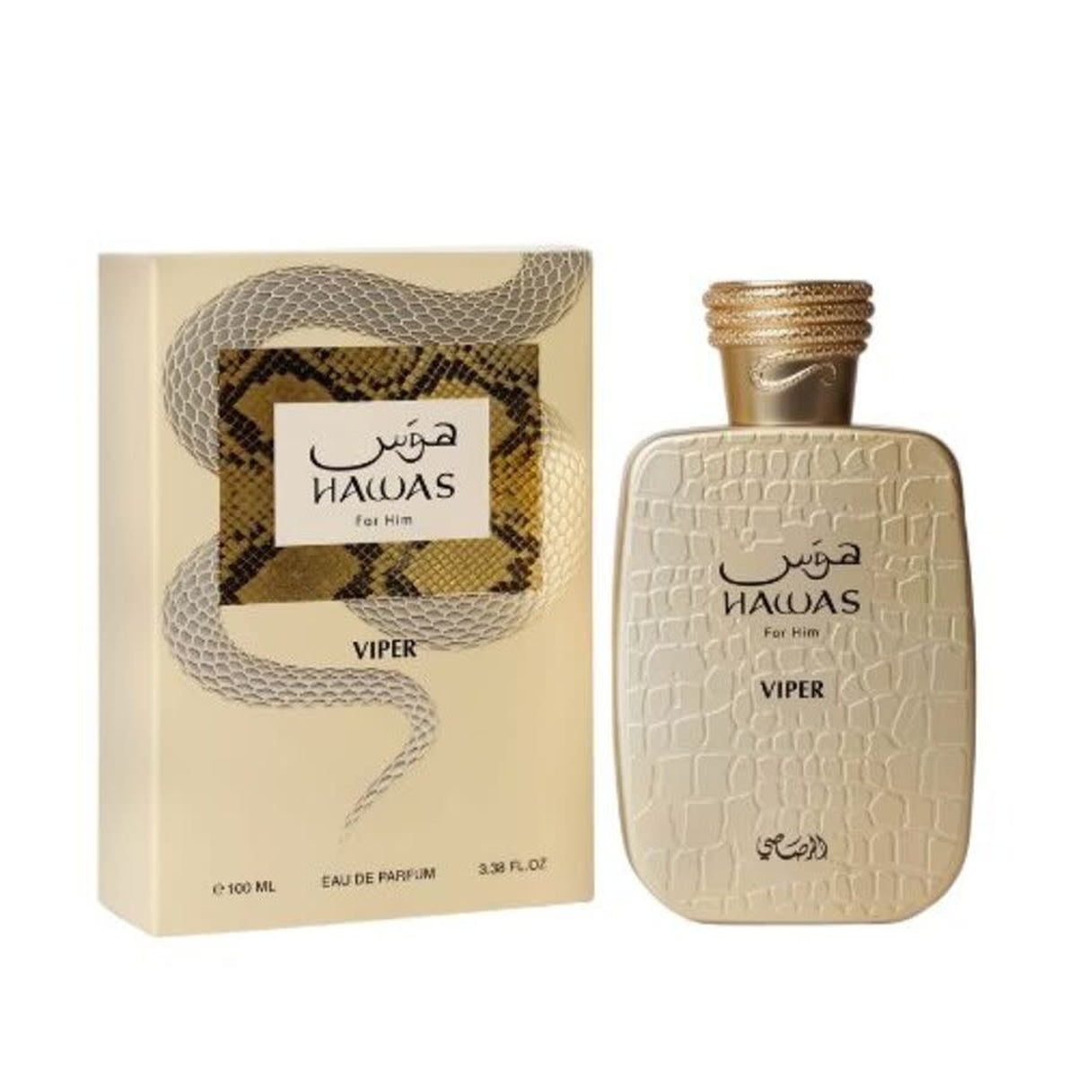 Rasasi Hawas Viper 3.4 oz Eau de Parfum Spray bottle and box