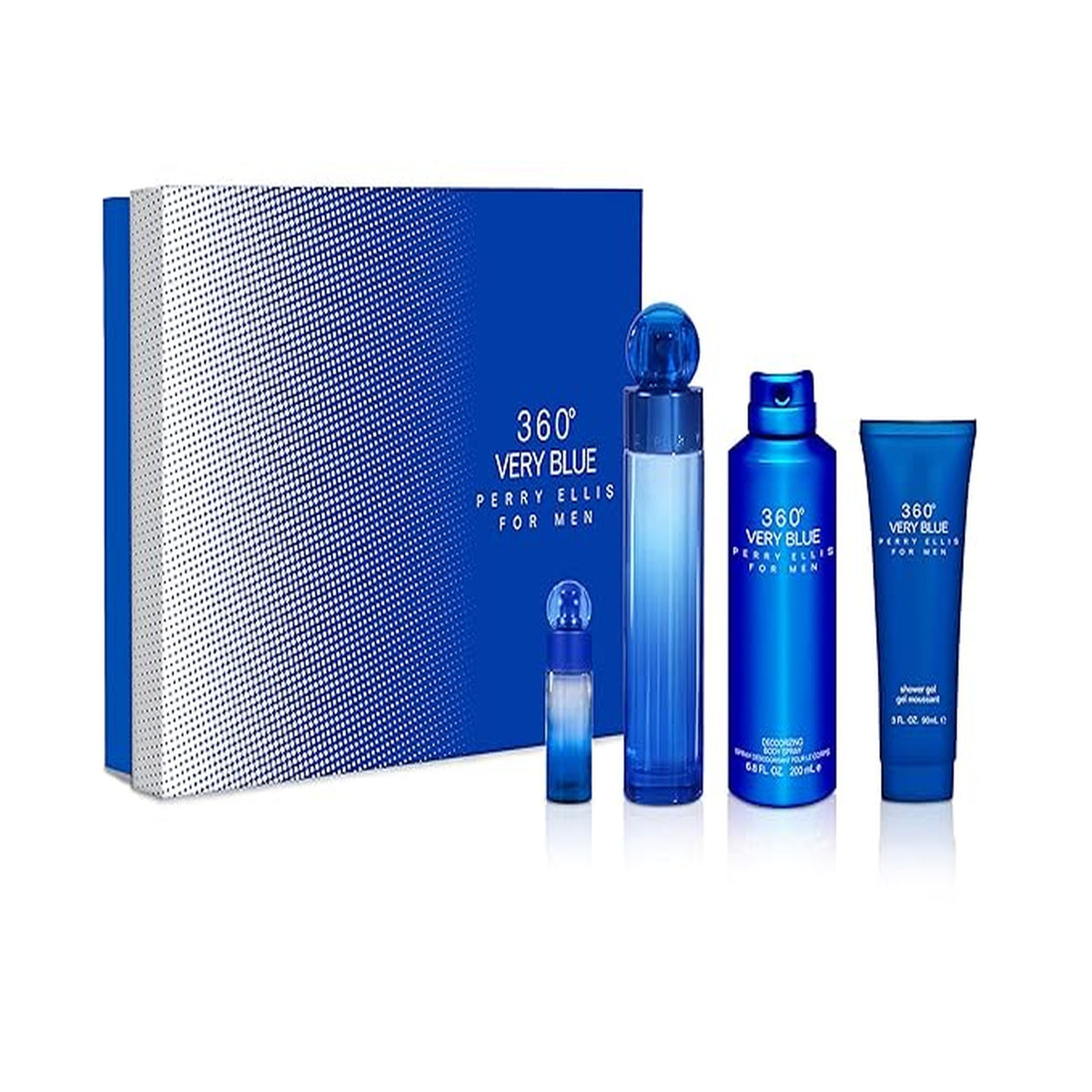 Perry Ellis 360 Very Blue 4 piece men’s fragrance gift set with EDT spray, deodorant spray, shower gel, and mini bottle