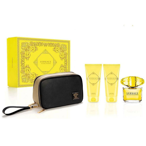Versace Yellow Diamond 4 piece gift set with 3 oz Eau de Toilette, shower gel, body lotion, and bag