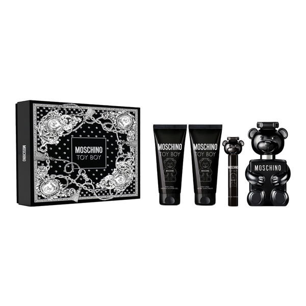 Moschino Toy Boy 4 piece fragrance set with 3.4 oz Eau de Parfum, shower gel, after shave balm, and 10 ml mini