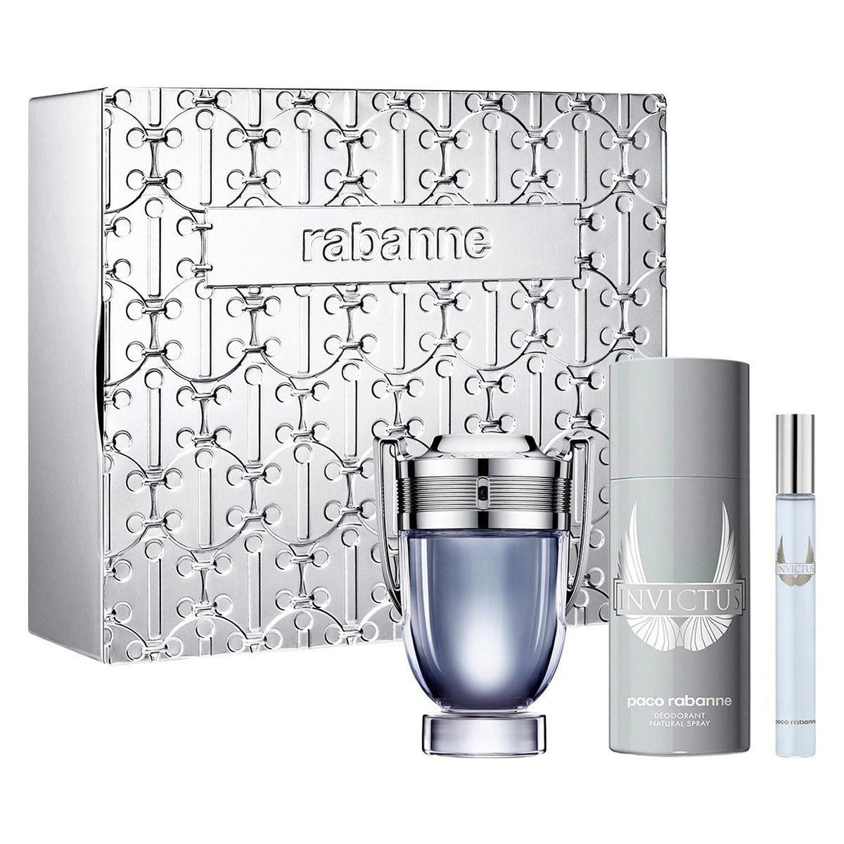 Paco Rabanne Invictus 3 piece gift set with 3.4 oz Eau de Toilette, 5.1 oz deodorant spray, and 0.34 oz mini EDT