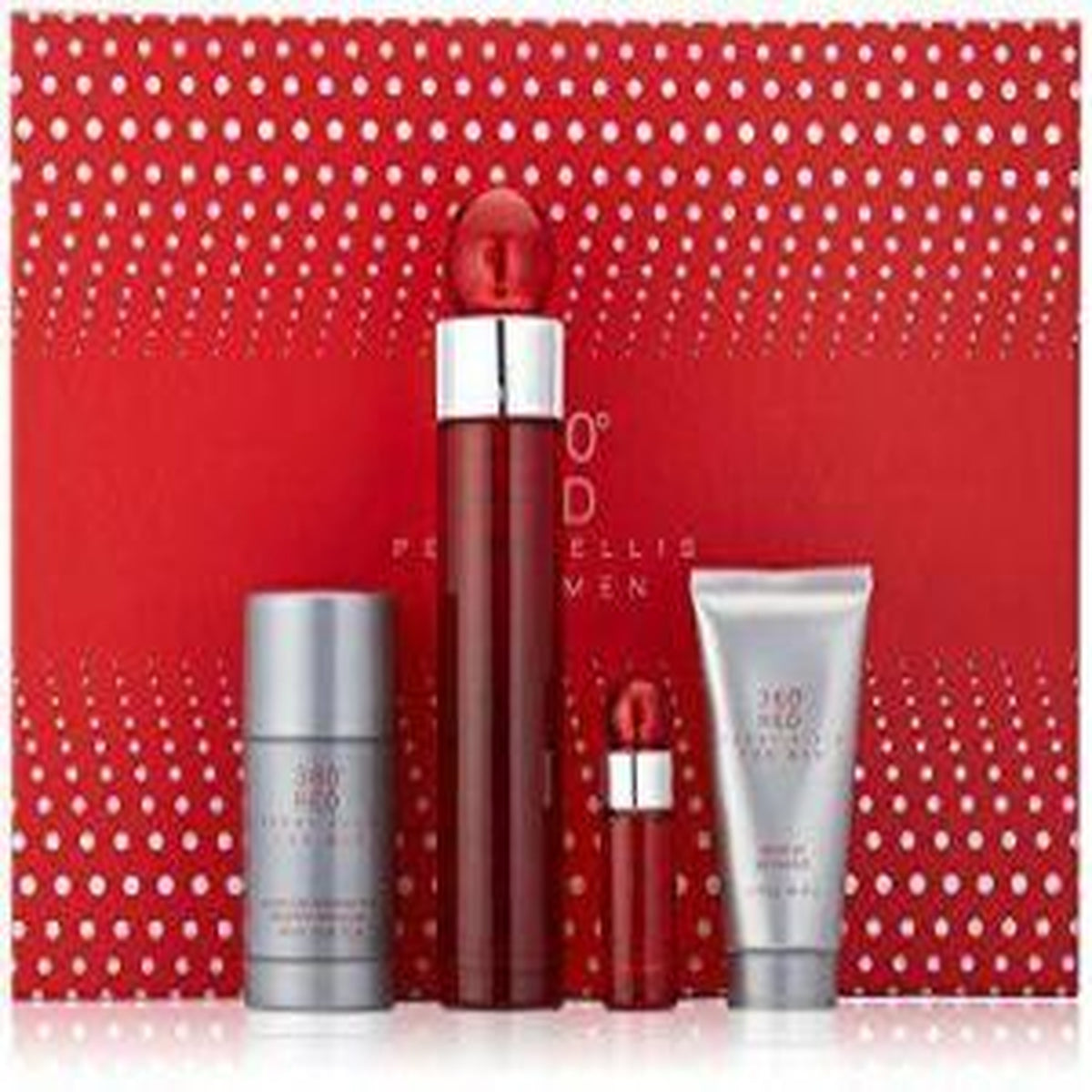 Perry Ellis 360 Red 4 piece men’s fragrance gift set with 3.4 oz bottle, body mist, shower gel, and mini