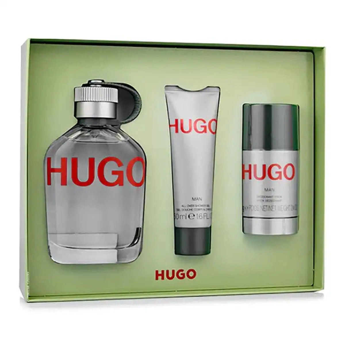 HUGO Green 3PC gift set with 4.2 oz Eau de Toilette, deodorant stick, and shower gel