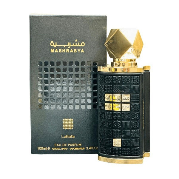 Lattafa Mashrabya 3.4 oz Eau de Parfum spray bottle and box