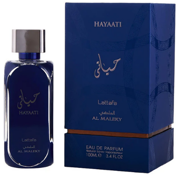 Lattafa Hayaati Maleky 3.4 oz Eau de Parfum Spray bottle and packaging