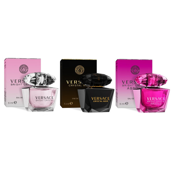 Versace Crystal Noir 4-piece Eau de Parfum gift set with perfume, mini spray, body lotion, and shower gel