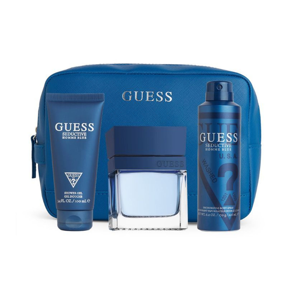 GUESS Seductive Blue 4 piece men's fragrance gift set with EDT, deodorant spray, shower gel, and pouch