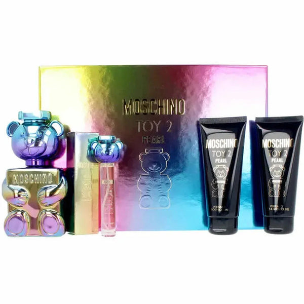 Moschino Toy 2 Pearl 4 piece fragrance set with 3.4 oz eau de parfum, shower gel, body lotion, and mini bottle