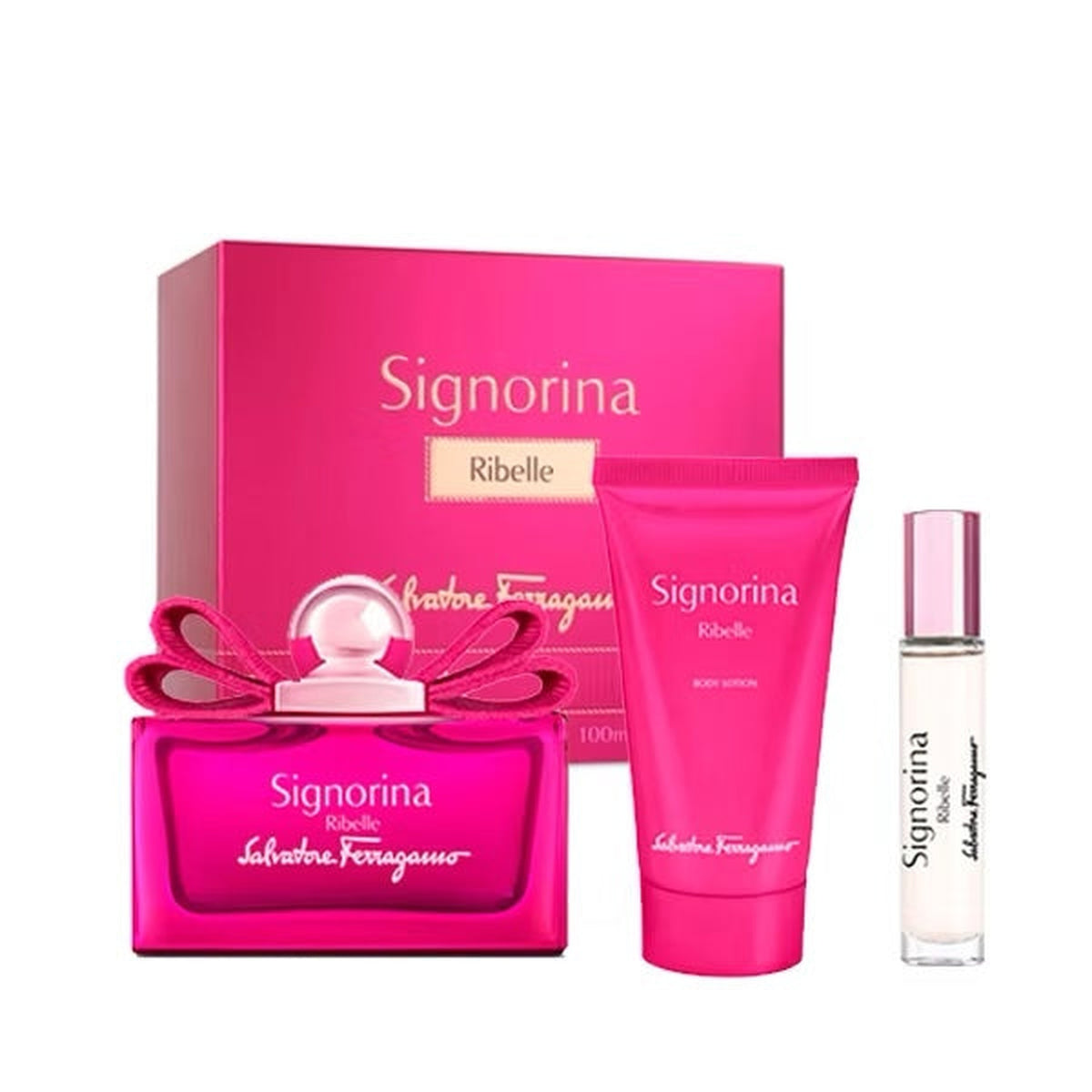 S.F Signorina Ribelle 3 piece fragrance gift set with 3.4 oz Eau de Parfum, body lotion, and mini EDP