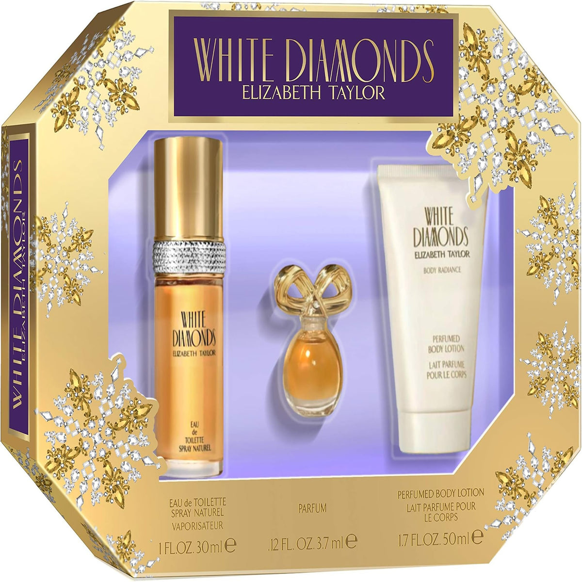 White Diamonds by Elizabeth Taylor 4 piece gift set with 3.4 oz Eau de Toilette, body lotion, shower gel, and mini fragrance