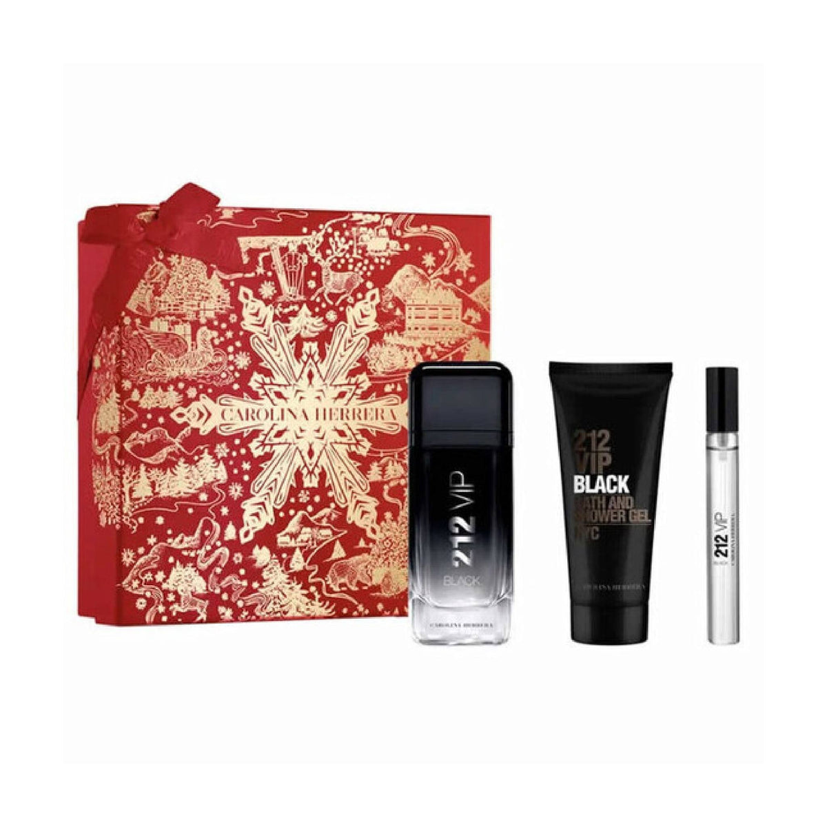 C. Herrera 212 VIP Black 3 piece fragrance set with 3.4 oz Eau de Parfum, shower gel, and travel spray